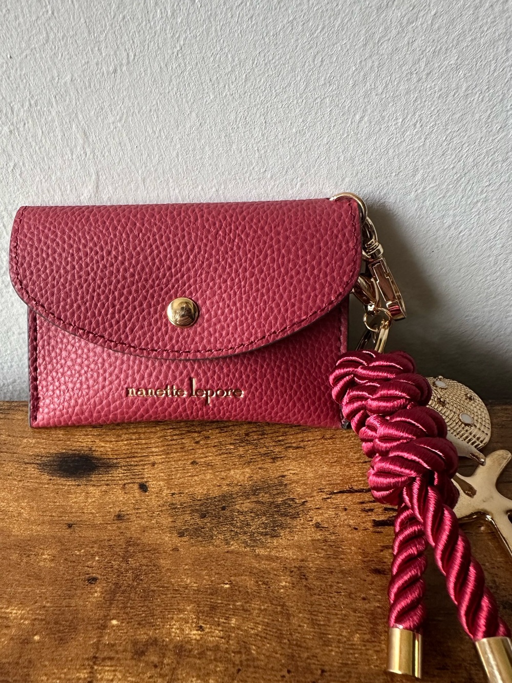 Nanette Lepore Red Faux Leather Card Case with Tassel & Seashell Bag Charm NWOT - Picture 1 of 6